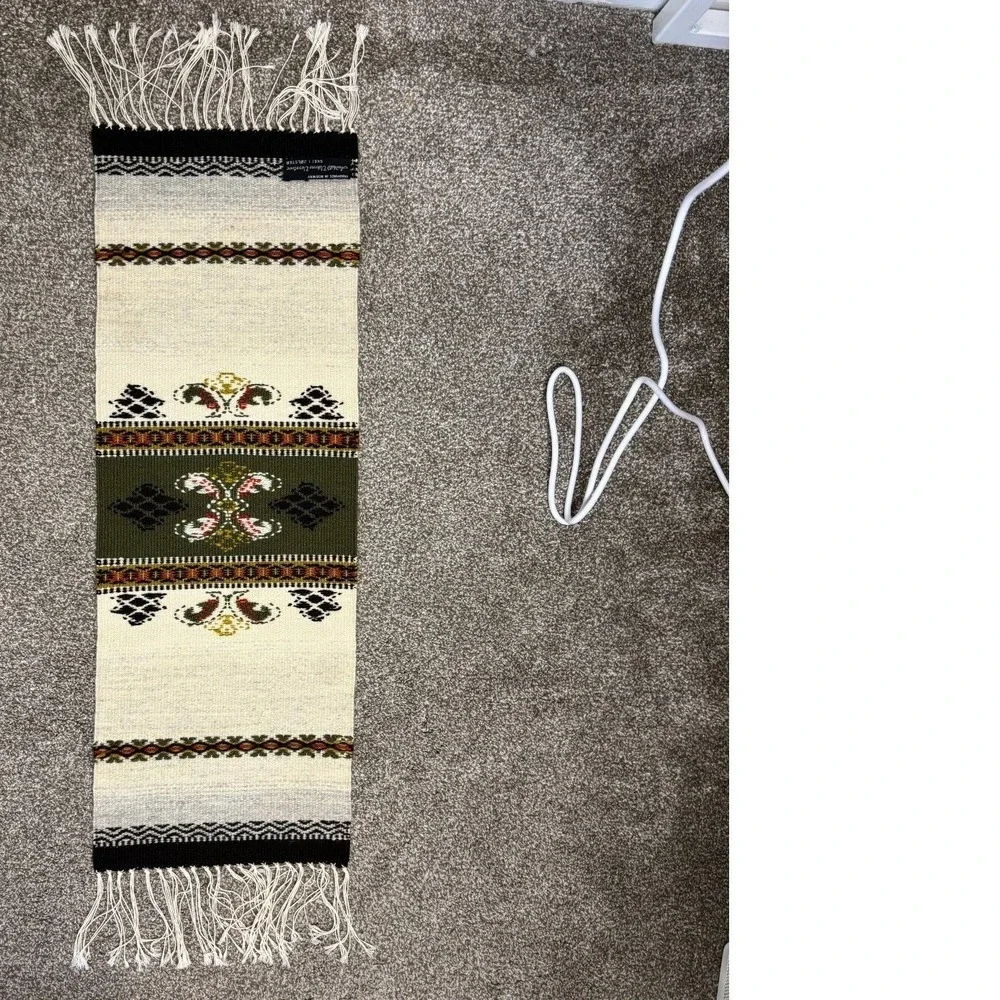Audhild Vikens Vevstove Norwegian Woven Wool Table Runner Handmade Olive Cream